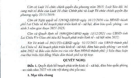 Nghị quyết: Về kế hoạch phát triển kinh tế - xã hội, đảm bảo quốc phòng - an ninh năm 2022