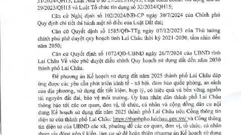 Về việc tổ chức lấy ý kiến về "Kế hoạch sử dụng đất năm 2025 thành phố Lai Châu, tỉnh Lai Châu